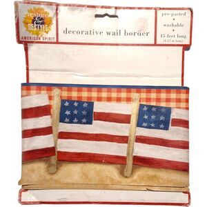 Vintage American Flag Wall Border 5" Pre Pasted 15 Ft Rustic USA Patriotic Folk